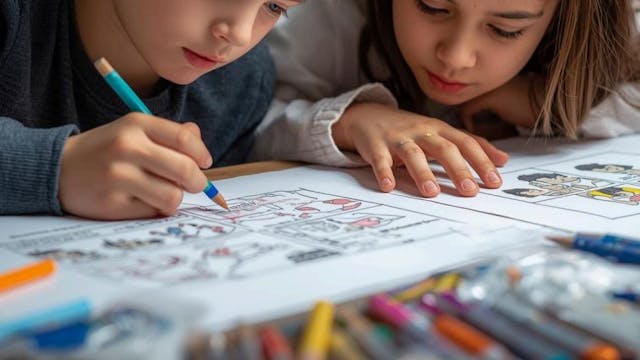 foto van kinderen die een strip tekenen