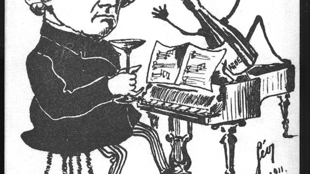 Cartoon van Tinel, drinkend aan de piano