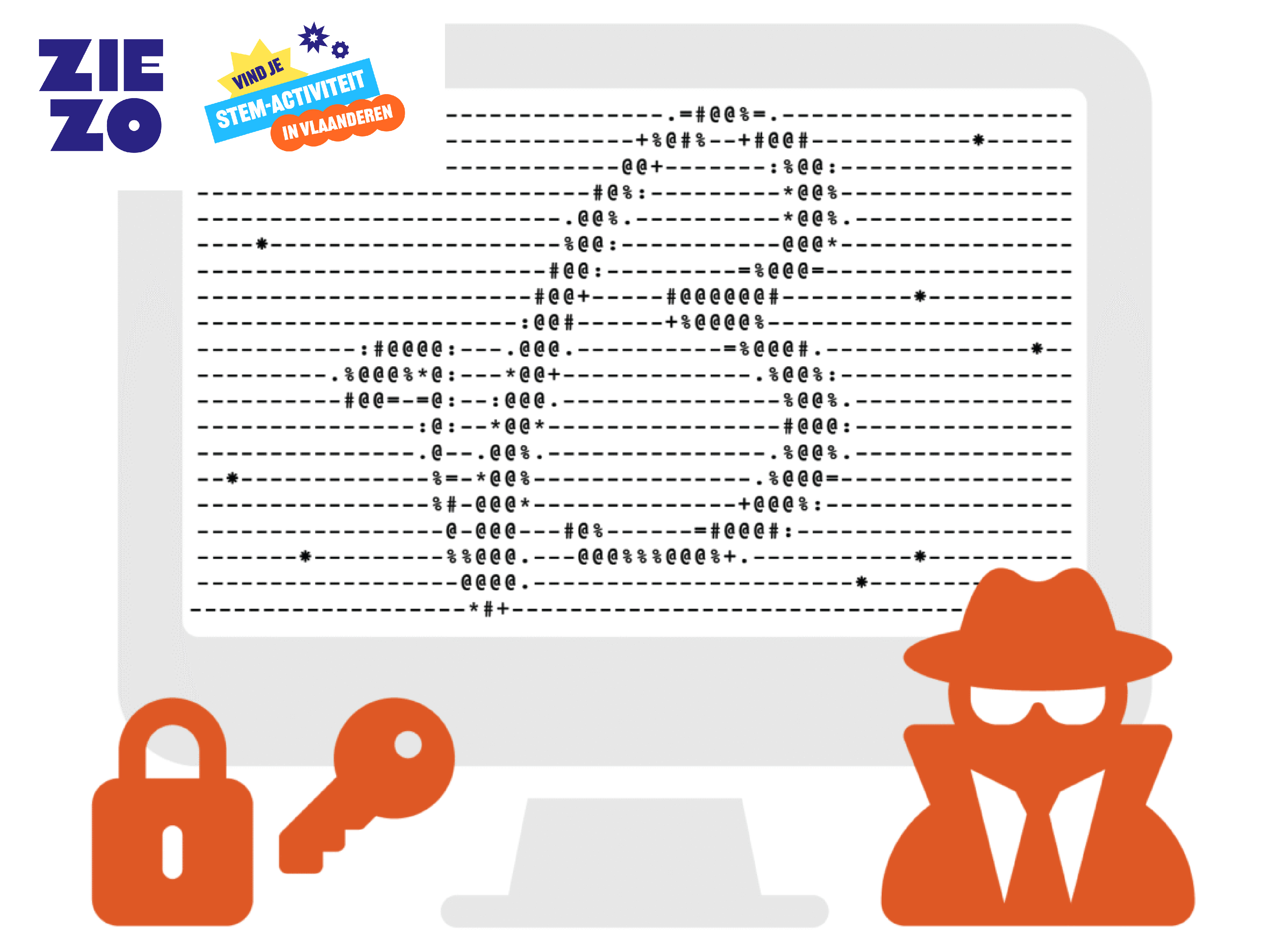 Illustratie computerscherm met logo in ASCII art + illustraties slot, sleutel en spion