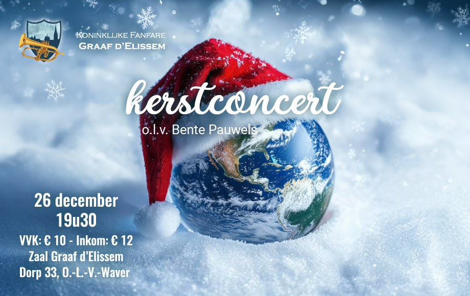 Tijdens het kerstconcert van de Koninklijke Fanfare Graaf d'Elissem wordt u verwend met pop- en filmmuziek en kerstmuziek o.l.v. dirigente Bente Pauwels.