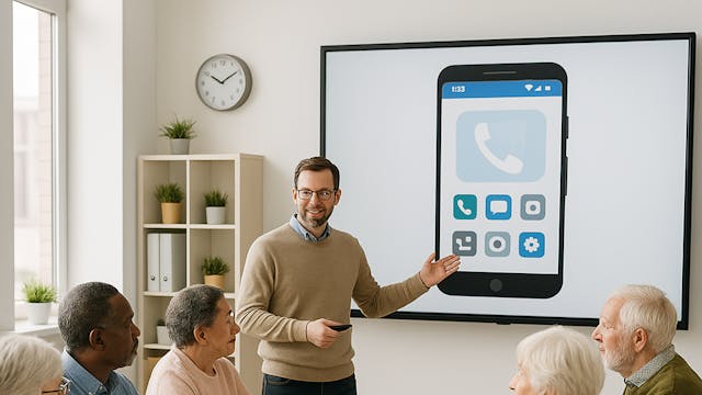 groep senioren die les volgt over smartphones