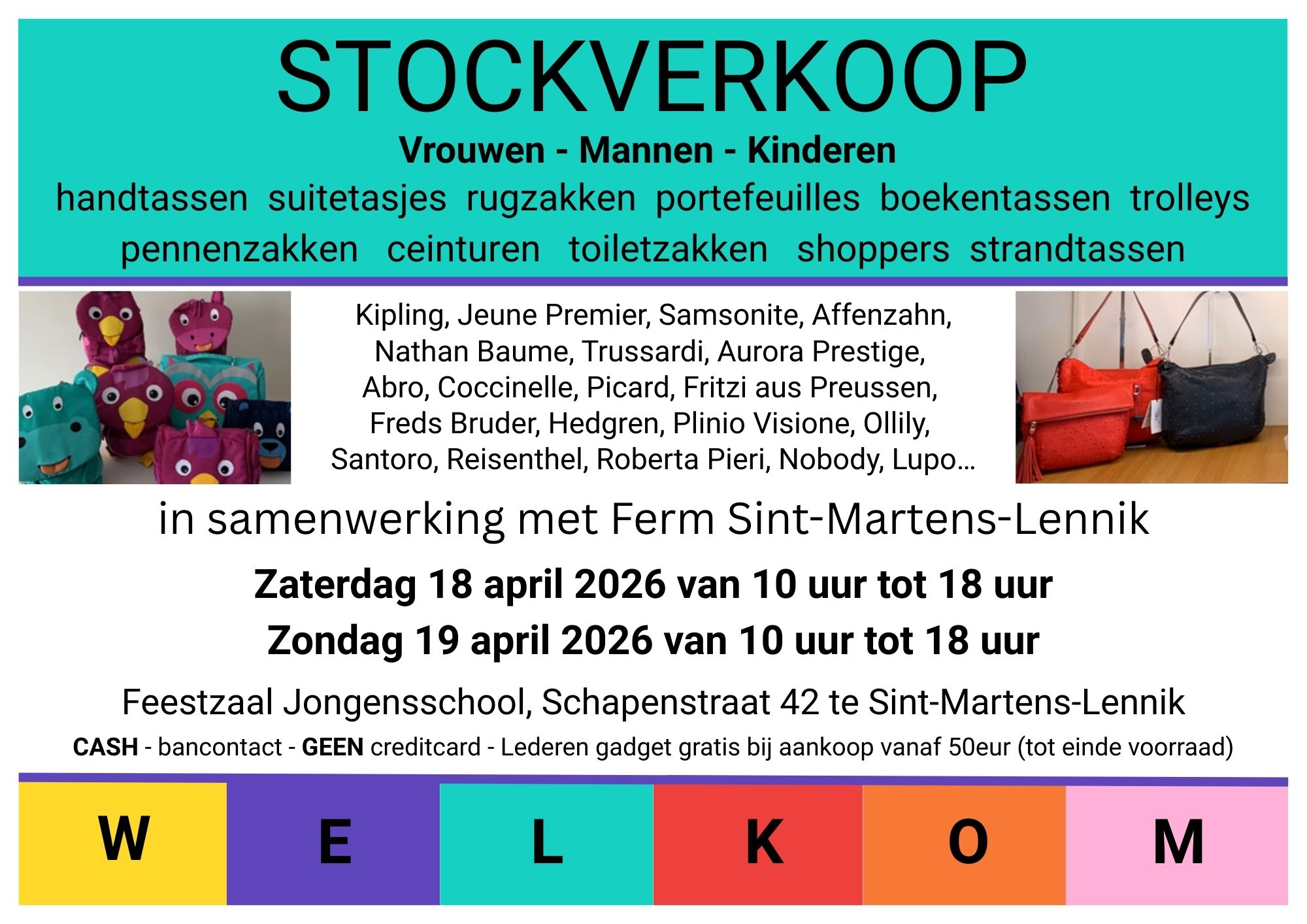 Stockverkoop voor vrouwen/ mannen / kinderen van handtassen  suitetasjes  rugzakken  portefeuilles  boekentassen  trolleys pennenzakken   ceinturen   toiletzakken   shoppers  strandtassen
