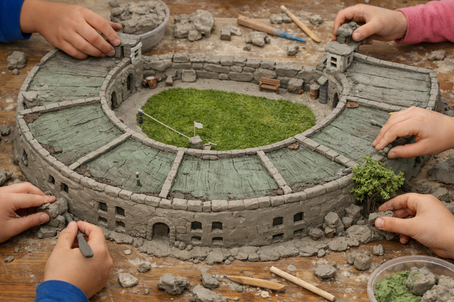 Kinderen bouwen fort uit klei