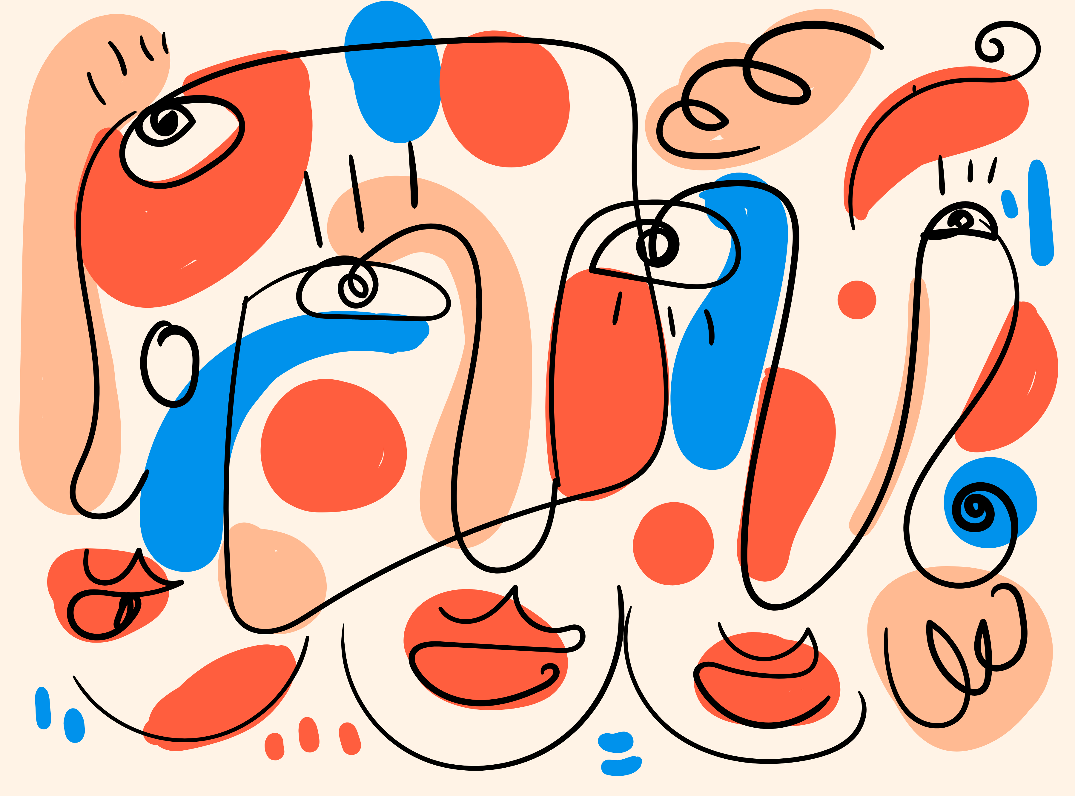 Tekening in Picassostijl, met verscheidene monden, neuzen en ogen in rode, blauwe en roze tinten