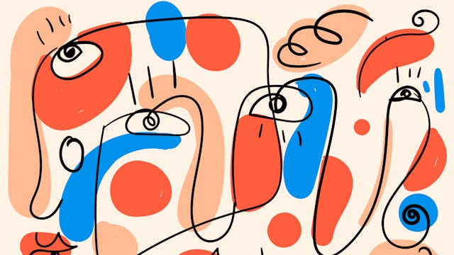 Tekening in Picassostijl, met verscheidene monden, neuzen en ogen in rode, blauwe en roze tinten