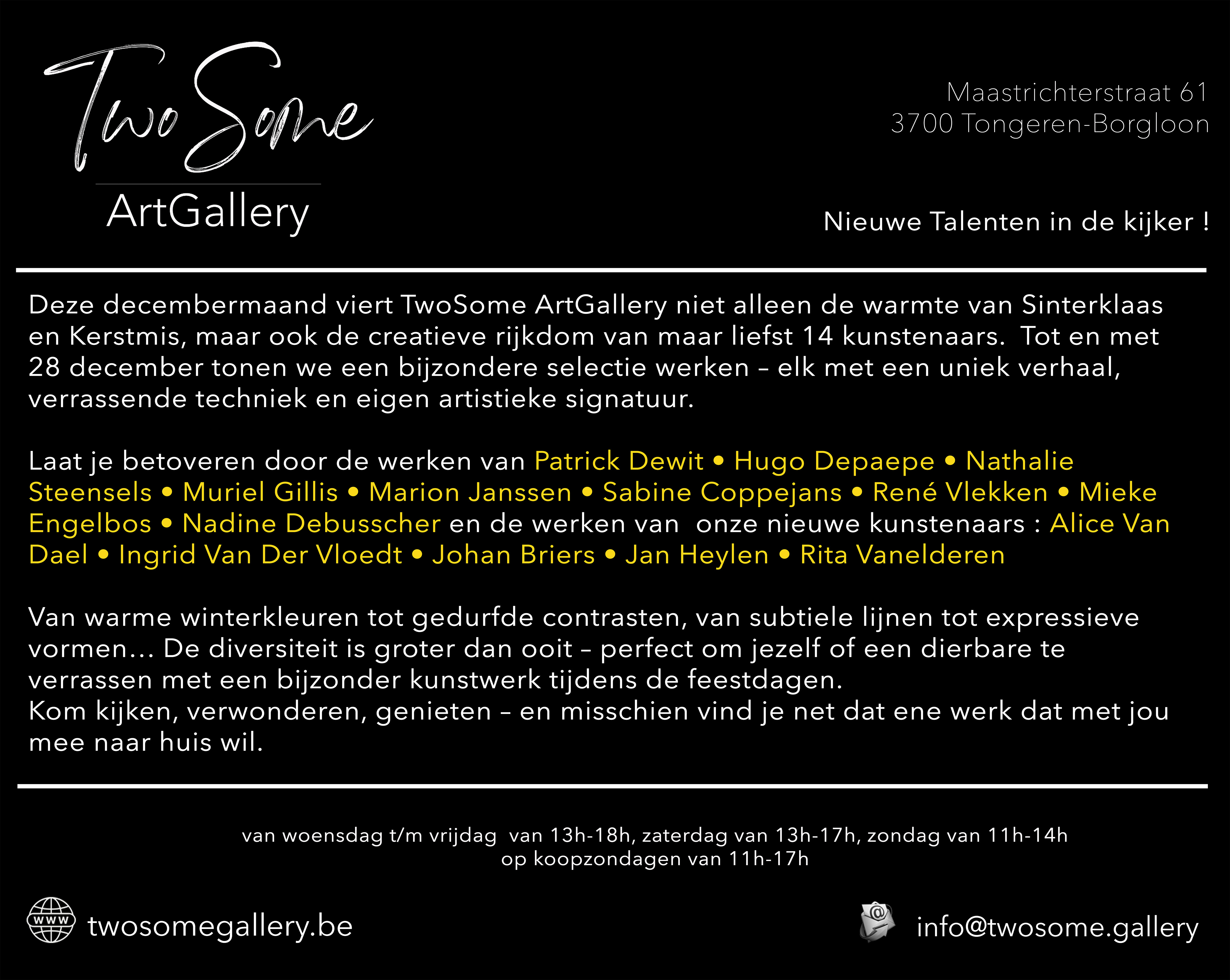 Nieuwe talenten in December 2025 bij TwoSome ArtGallery