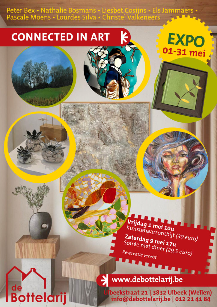 Affiche Connected in Art | Expo Peter Bex • Nathalie Bosmans • Liesbet Cosijns • Els Jammaers • Pascale Moens • Lourdes Silva • Christel Valkeneers