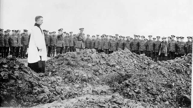 Burial party in Passchendaele New British Cemetery, Belgium (used in online article 'Recovery and Reburial in 1919')