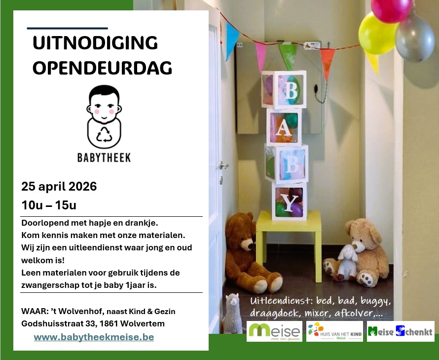 Ben je zwanger, (groot)ouder of zorg je voor een baby? Op zaterdag 25 april opent de Babytheek haar deuren! Kom ontdekken hoe je babymaterialen eenvoudig kan uitlenen in plaats van kopen. Iedereen welkom.