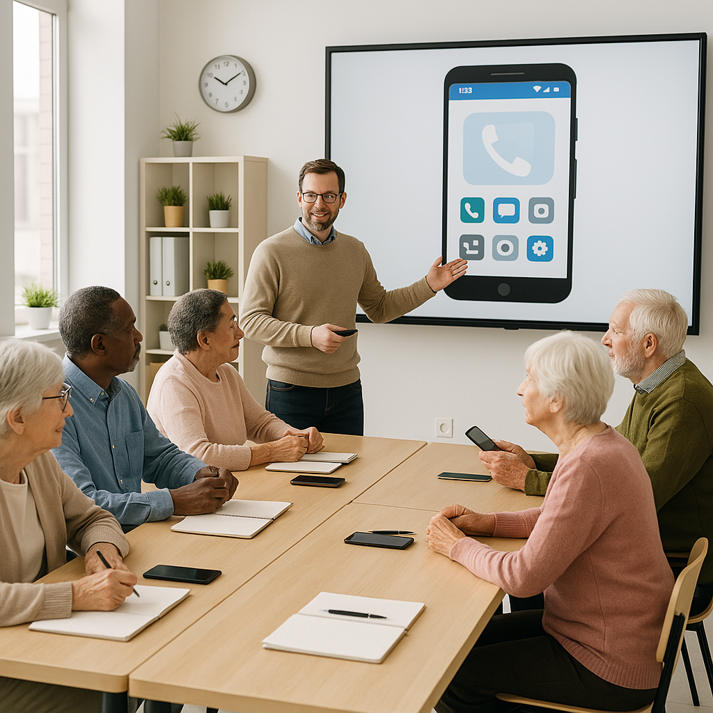 groep senioren die les volgt over smartphones