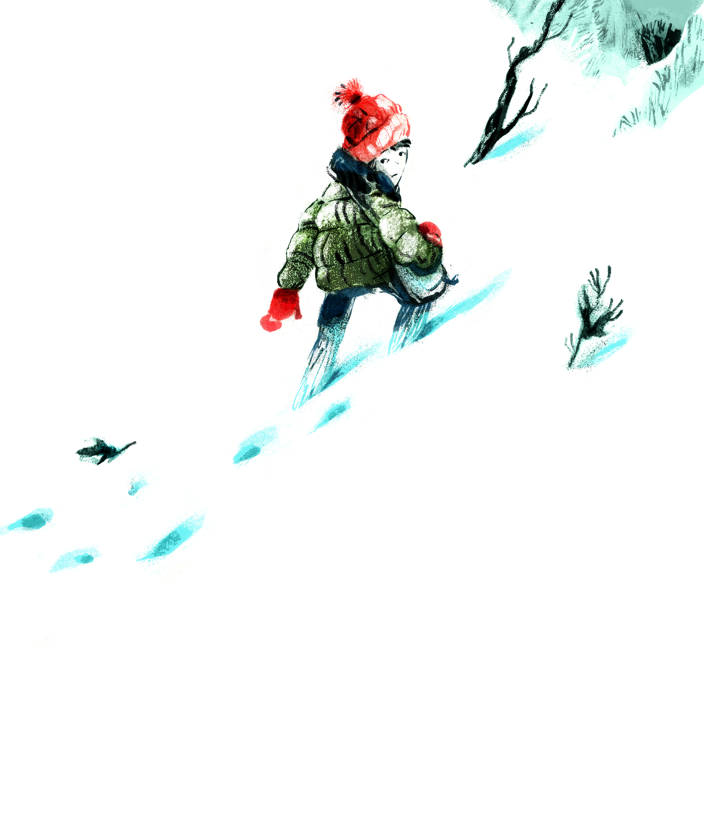 figuurtje van een jongetje met een muts dat door de sneeuw loopt