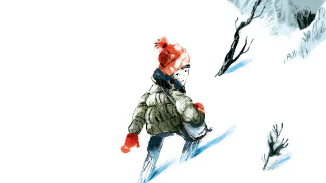 figuurtje van een jongetje met een muts dat door de sneeuw loopt