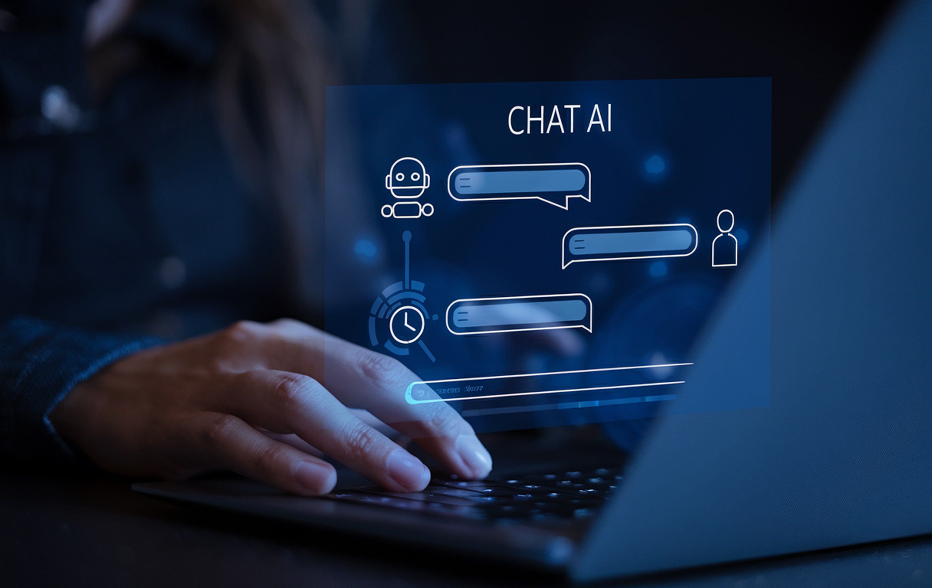 hand die typt op toetsenbord laptop, waarbij de chat met AI getoond wordt