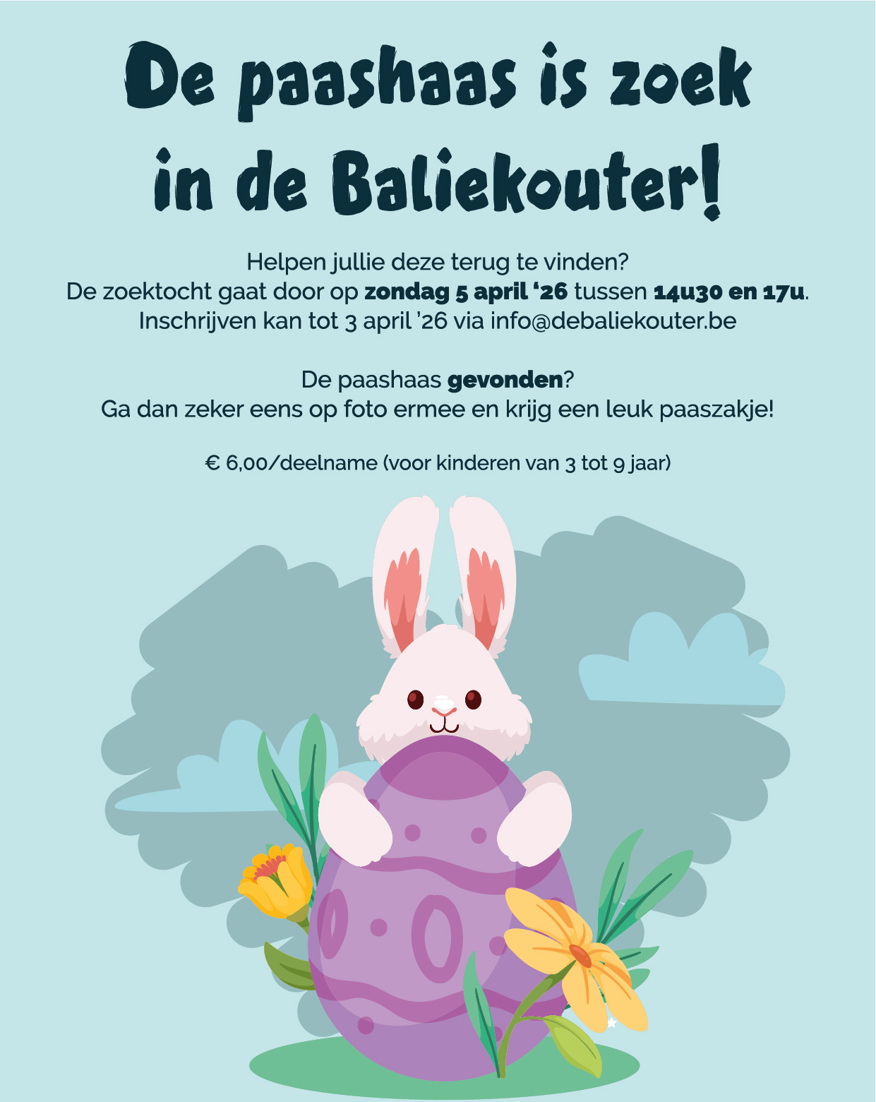 De paashaas is zoek in de Baliekouter