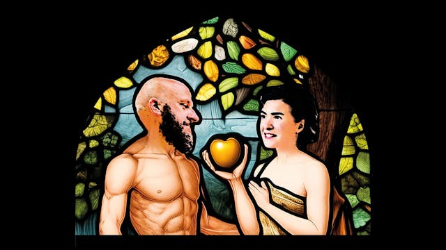 Glasraam met Tom Van Dyck en Alice Reijs als Adam en Eva.