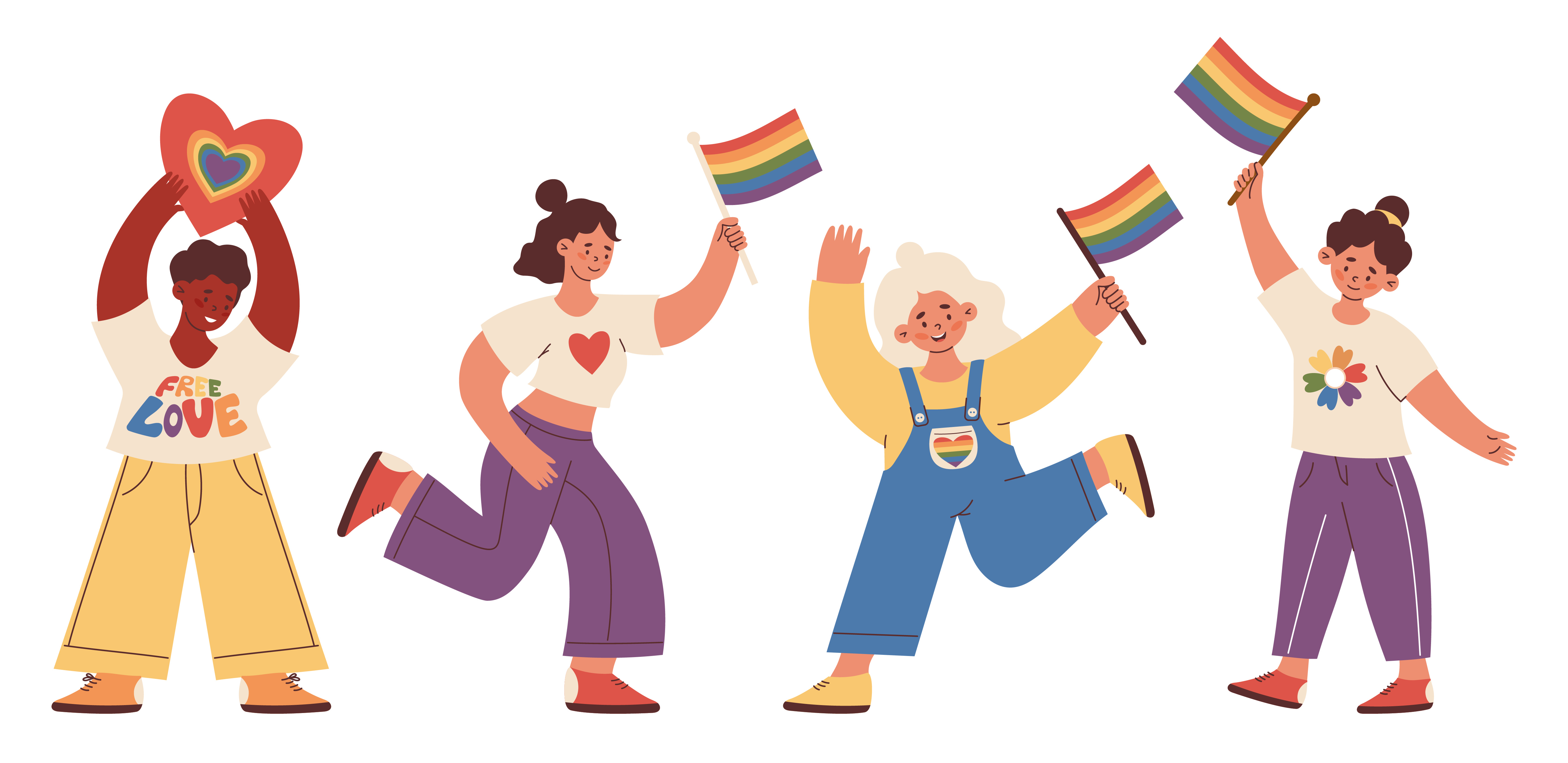 Queer jongeren die met pride vlaggen zwaaien