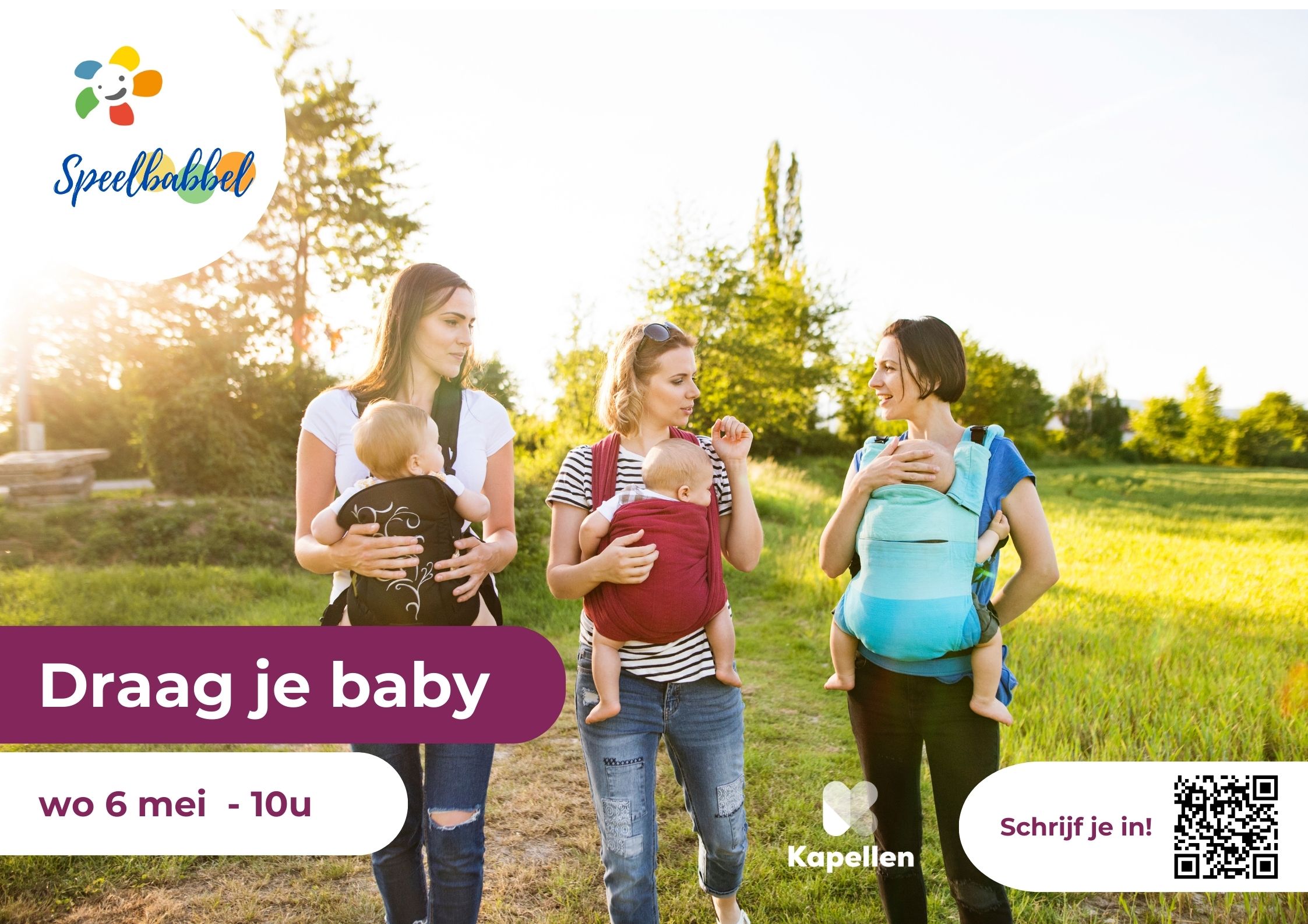 3 vrouwen die lachend wandelen met een baby in een draagzak op hun buik