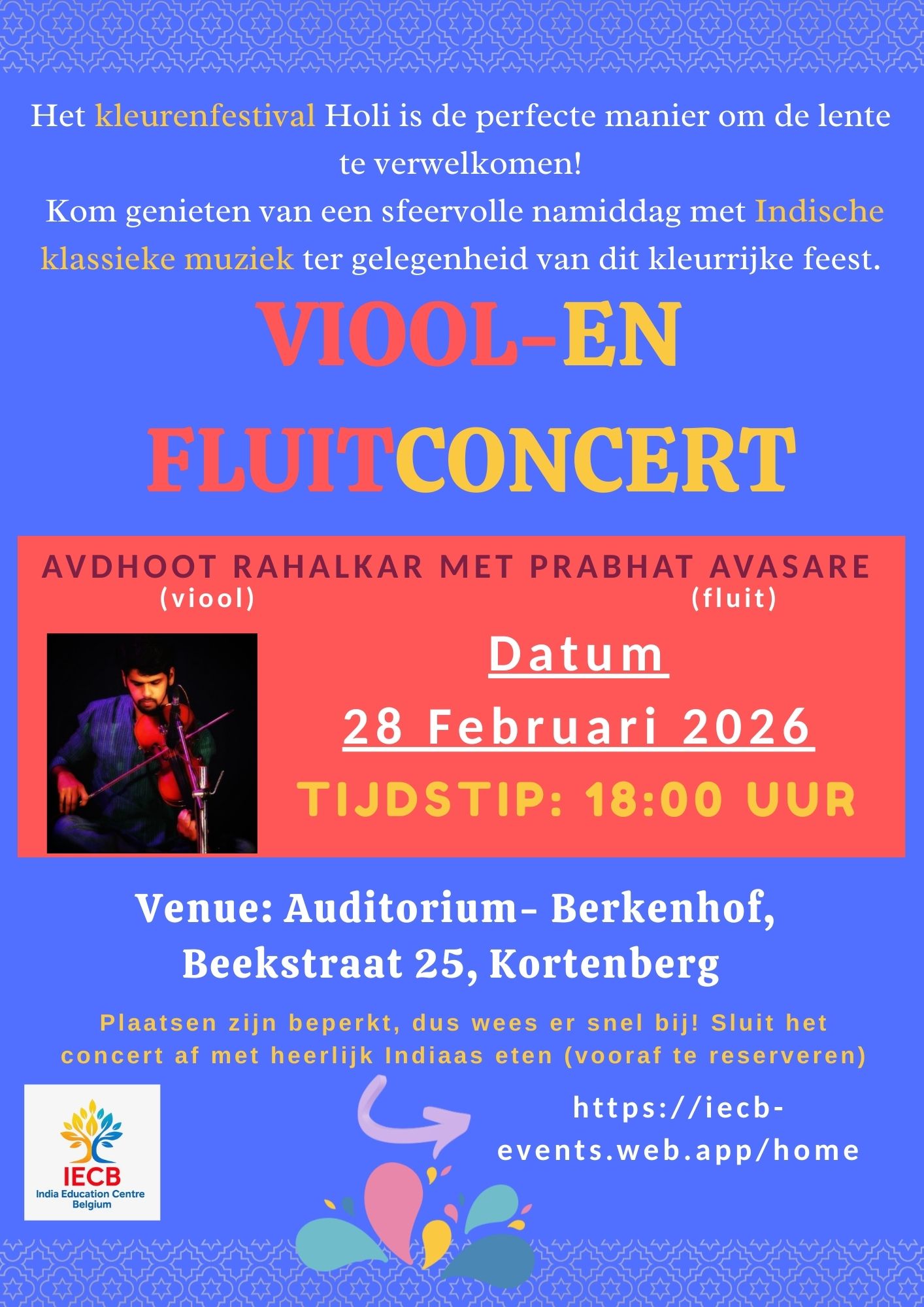 Viool-en fluitconcert: te verwelkomen!  Kom genieten van een sfeervolle namiddag met Indische klassieke muziek ter gelegenheid van dit kleurrijke feest.