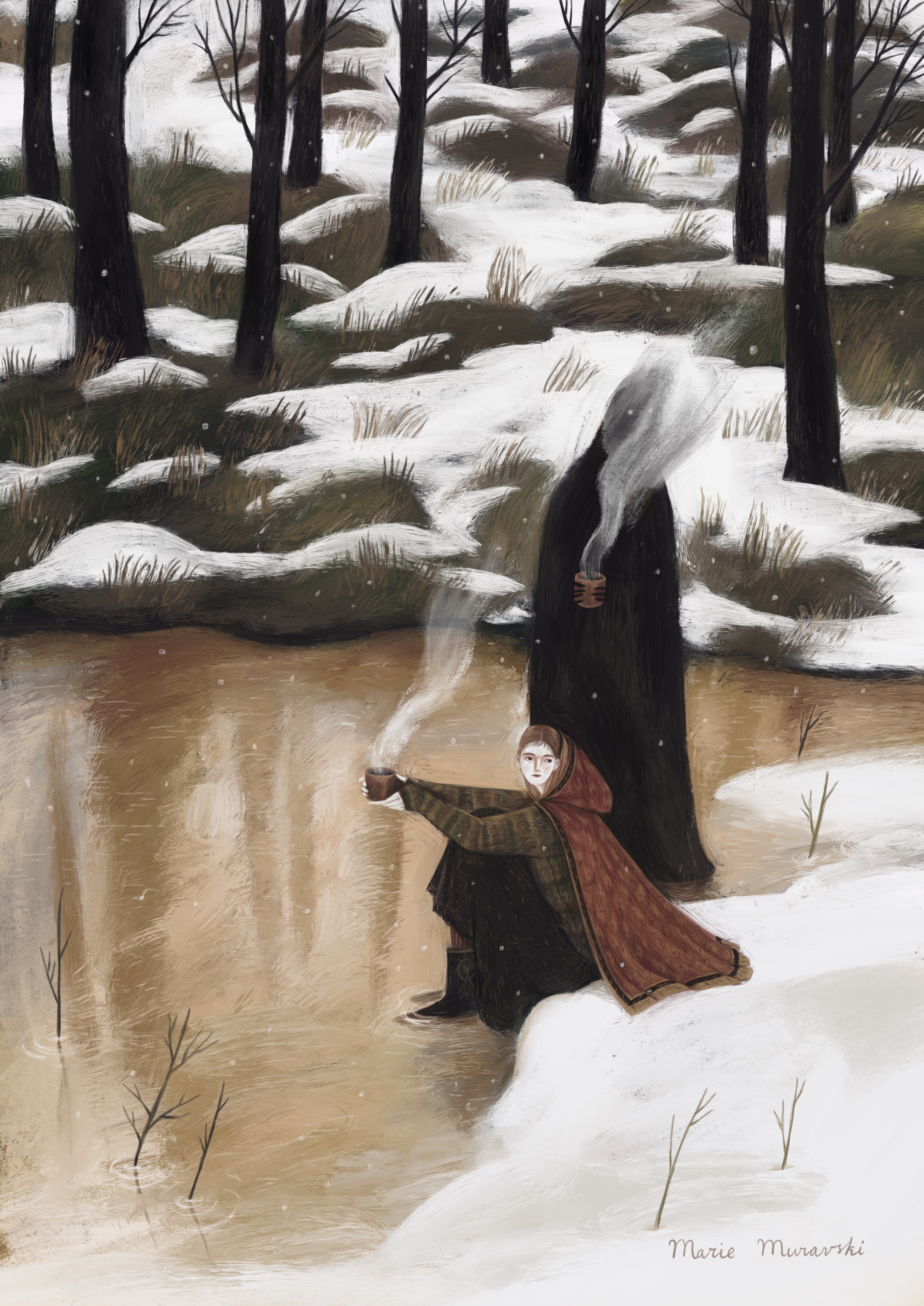 Geverfd kunstwerk van iemand die bij het water, tussen de bomen heen neerzit met een tas thee en wat lijkt op "iemand's ziel" die ernaast staat met een eigen tas thee.