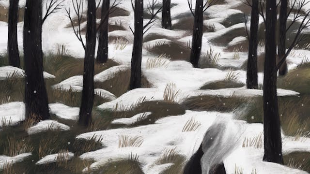 Geverfd kunstwerk van iemand die bij het water, tussen de bomen heen neerzit met een tas thee en wat lijkt op "iemand's ziel" die ernaast staat met een eigen tas thee.