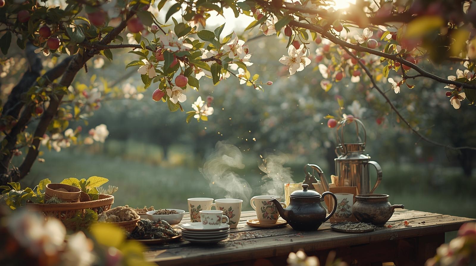 Holistische theeceremonie tussen de bloesems