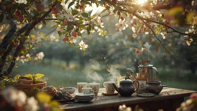 Holistische theeceremonie tussen de bloesems