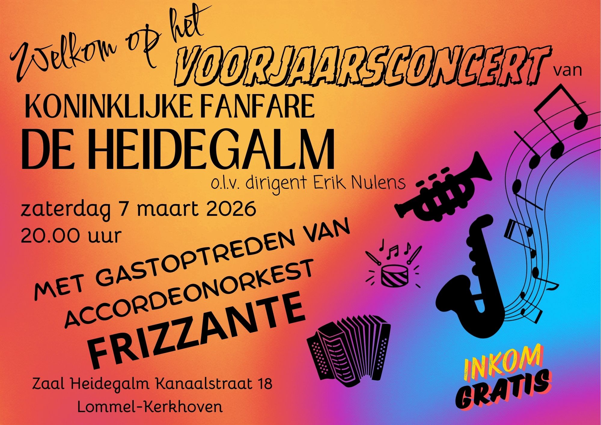 Onze fanfare neemt jullie mee in de wereld van de filmmuziek. Bekende melodieën, heroïsche thema's en ontroerende klanken passeren de revue. Allemaal gebracht door fanfare De Heidegalm onder leiding van Erik Nulens.  