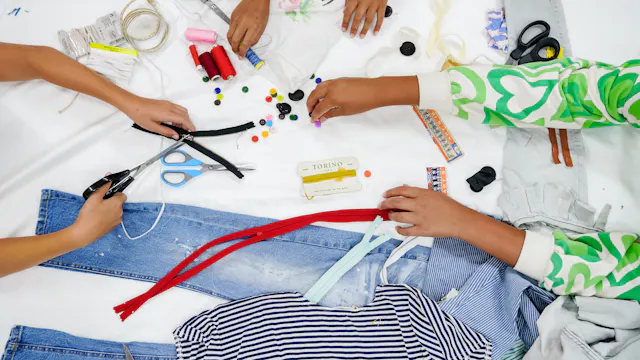 Kinderhanden, oude jeansbroeken en materialen