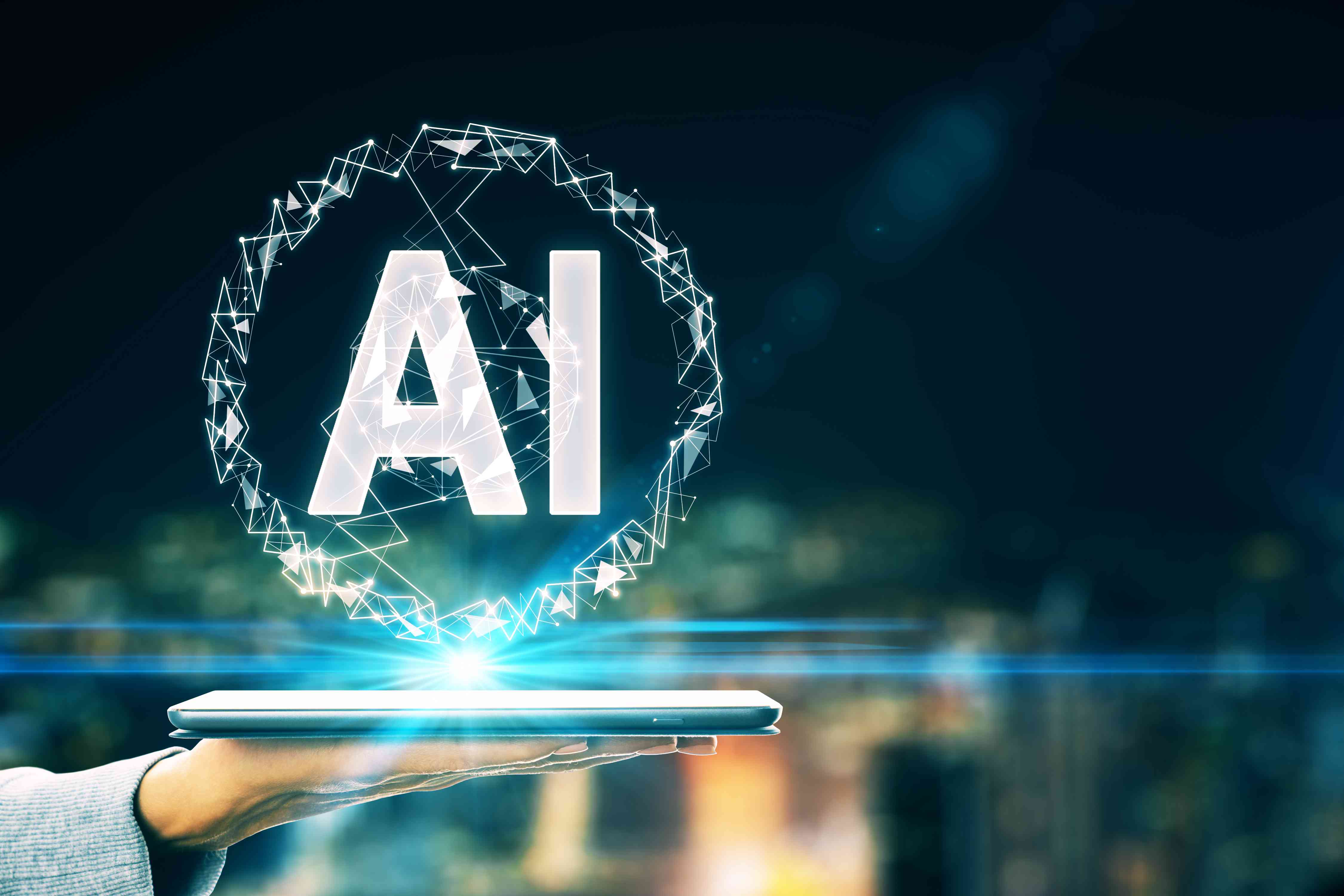 hand houdt tablet vast waarboven staat AI