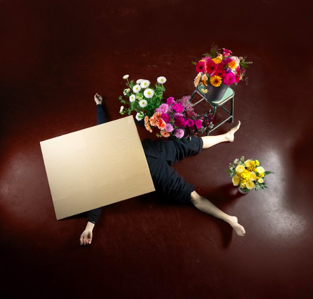 Persoon ligt op de vloer met een stuk karton die op de bovenlijf ligt en bloemen rond hen.