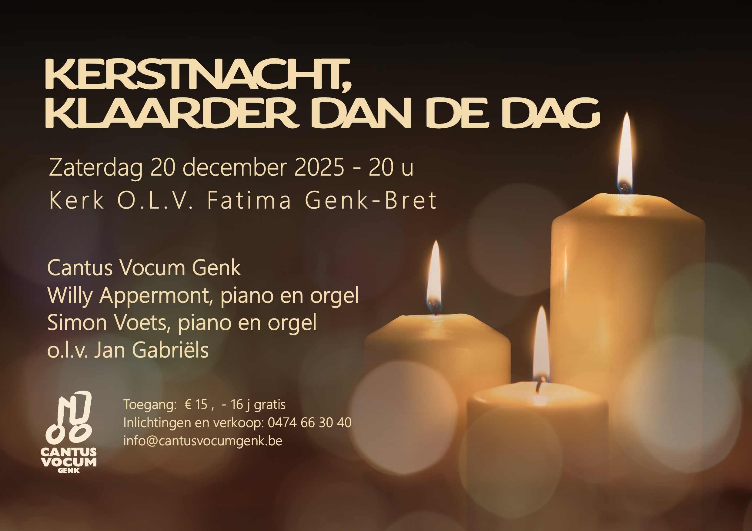 Koor Cantus Vocum brengt bekende en minder bekende kerstliederen uit verschillende stijlperiodes. Aan de piano zullen Willy Appermont en Simon Voets ons verrassen met een medley van kerstliederen. 