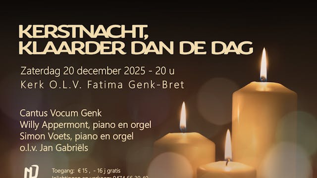 Koor Cantus Vocum brengt bekende en minder bekende kerstliederen uit verschillende stijlperiodes. Aan de piano zullen Willy Appermont en Simon Voets ons verrassen met een medley van kerstliederen.