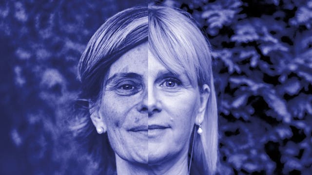 Blauwe collage met halve gezichten van Ann Miller en Caroline Pauwels.