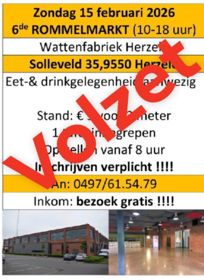 Kleine gezellige binnenrommelmarkt met steeds heel veel bezoekers. Inkom Gratis opstellen van 8 uur € 9 voor 3 meter Inschrijven verplicht