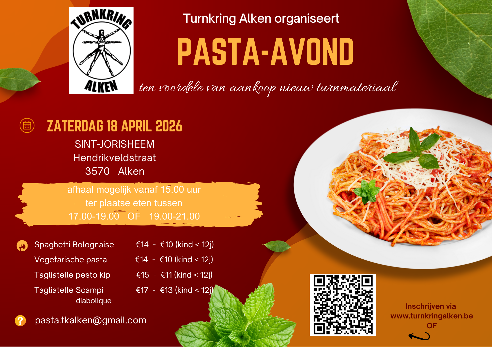 Pasta-avond ten voordele van aankoop nieuw turnmateriaal. Georganiseerd door oudercomité Turnkring Alken. Bestellen kan nog tot 13 april.