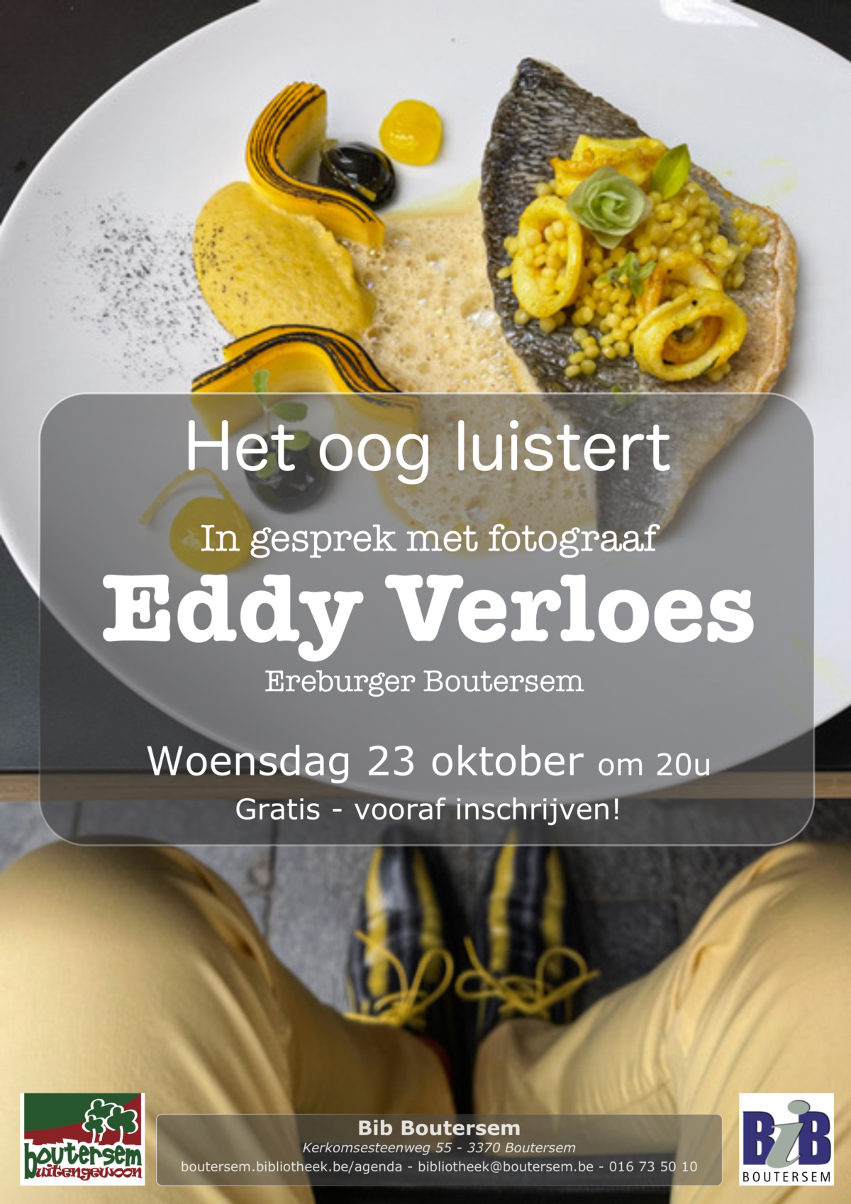 Fotograaf Eddy Verloes gaat in de Bib Boutersem in gesprek met germanist Luc Lavaert over zijn fotografische projecten die zijn leven hebben veranderd.  Iedereen welkom !  Vooraf inschrijven via bibliotheek@boutersem.be