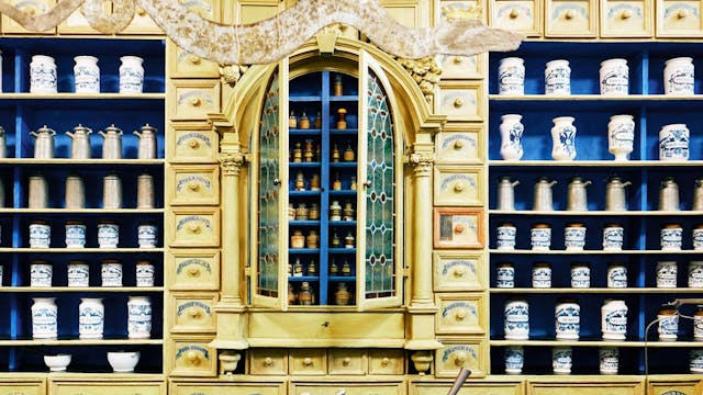 De authentieke apotheekmeubels brengen je terug naar ververvlogen tijden.
