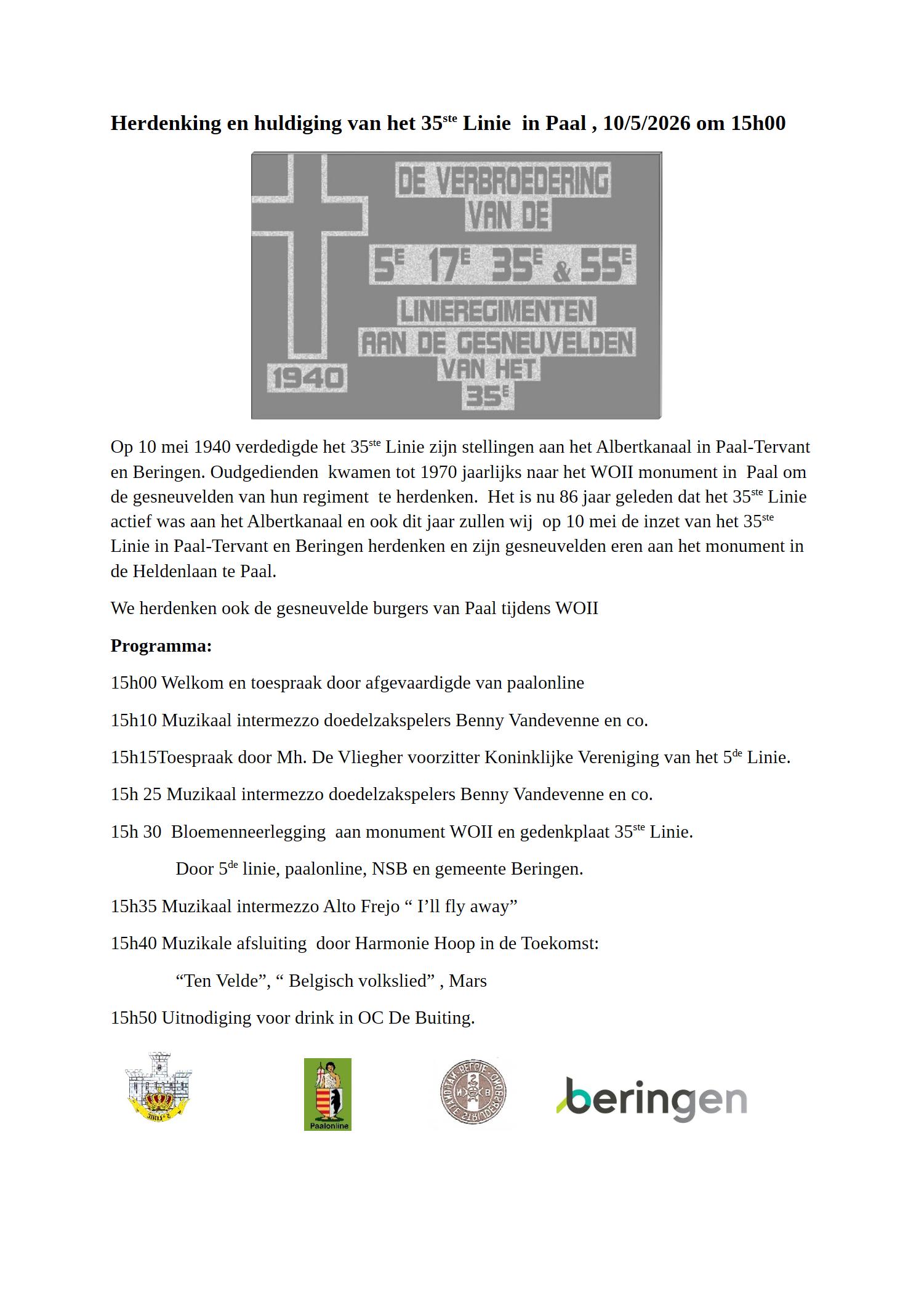 Uitnodiging herdenkingsplechtigheid 35ste Linie