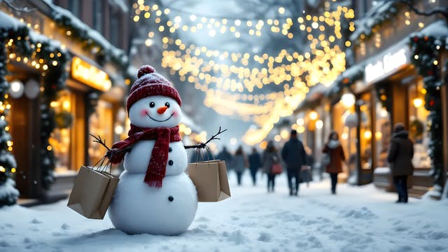 sneeuwman met shoppingtassen in winterlandschap