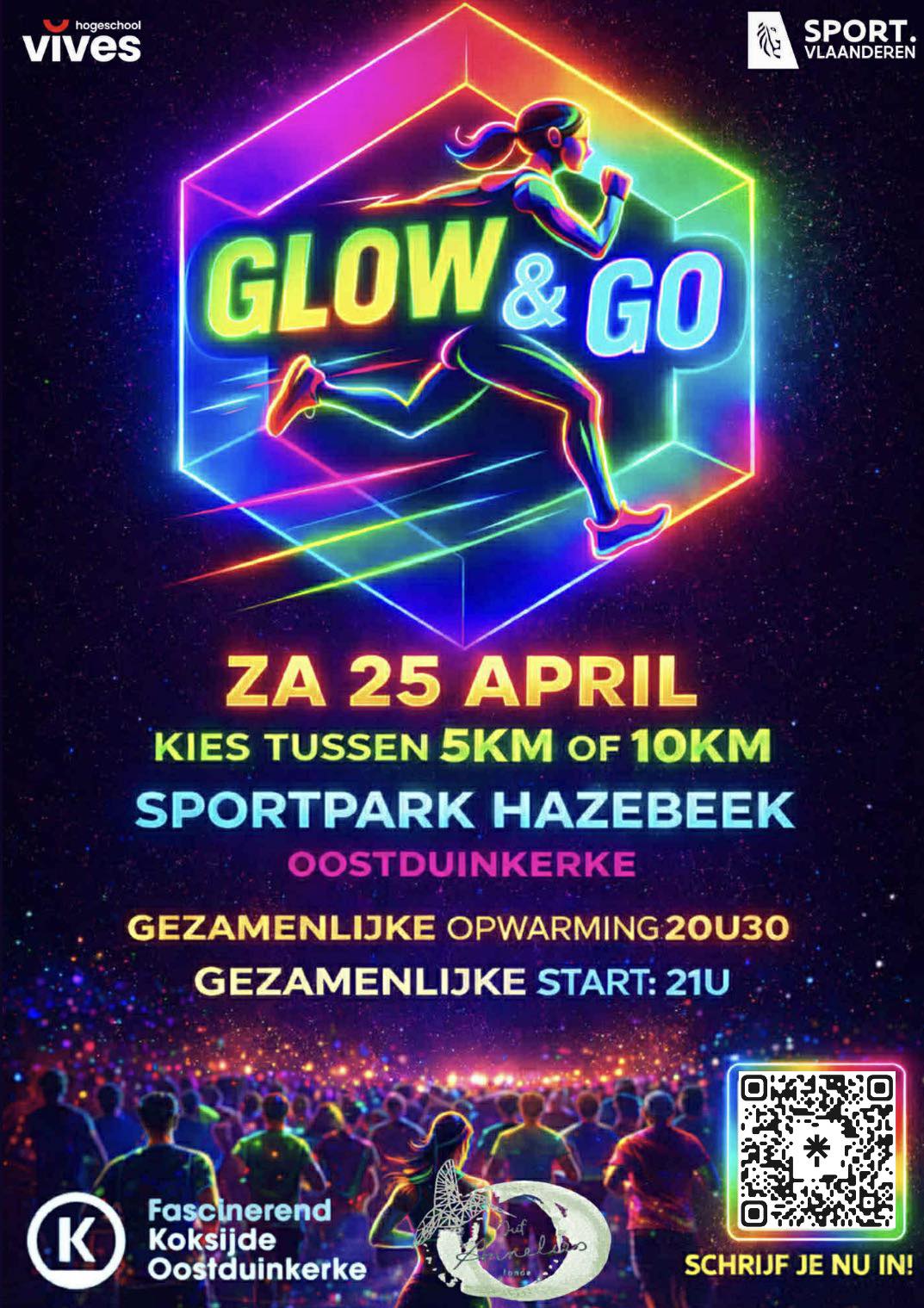 GLOW & GO is een unieke avondrun in Oostduinkerke vol neon, muziek en sfeer. Kies 5 of 10 km en loop samen onder de lichtjes. Kleurrijke verlichting is verplicht – hoe meer glow, hoe beter. Schrijf je in en shine! 