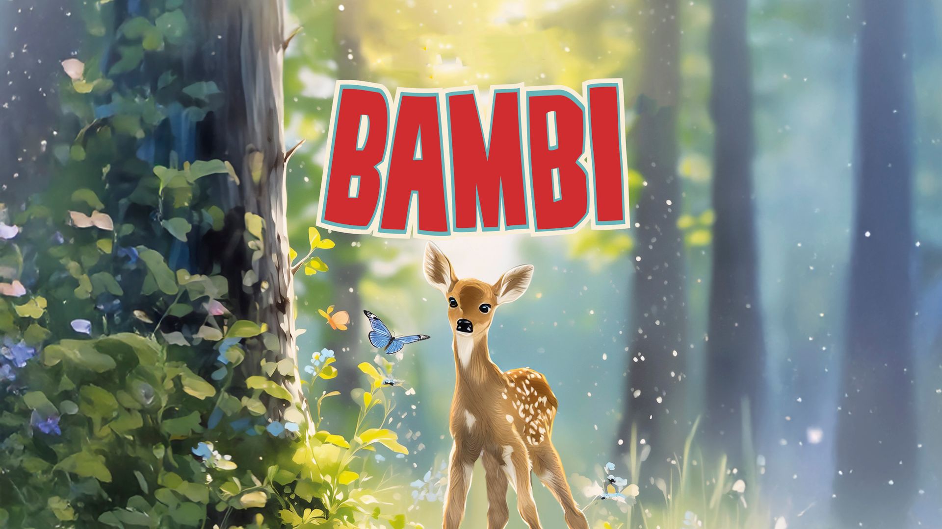 Bambi in zonovergoten bos met groene planten en vlinders.